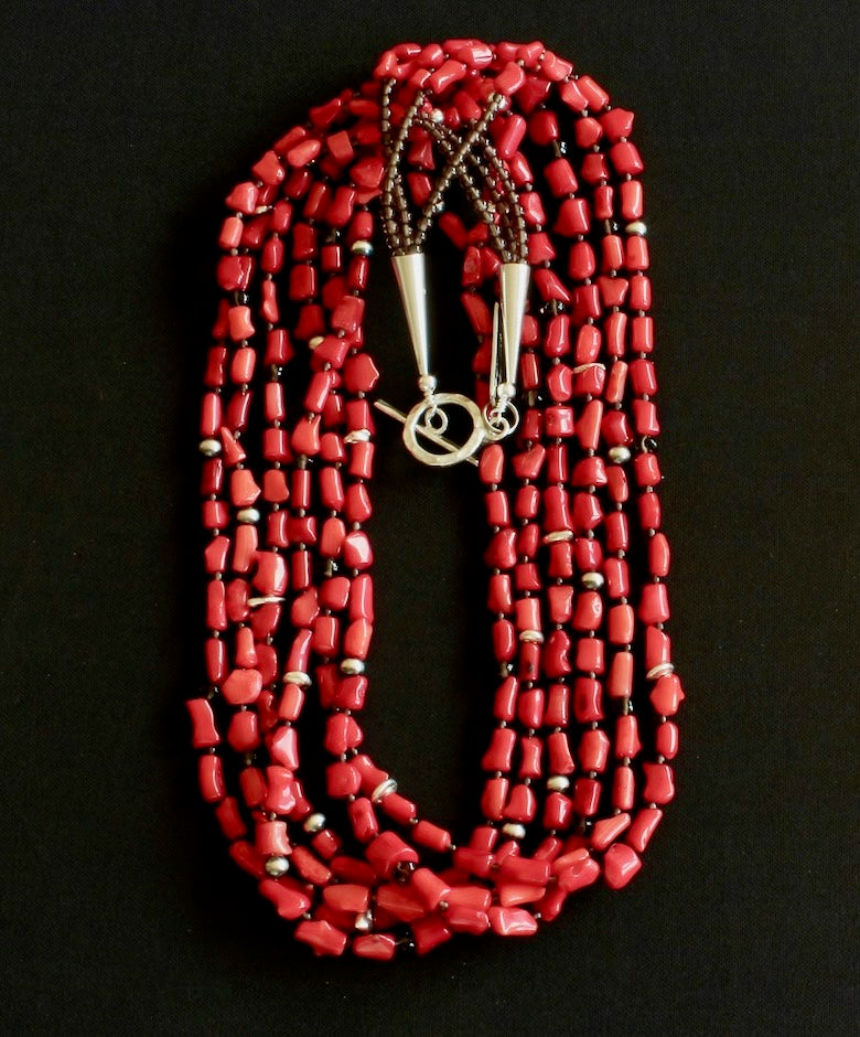 Bamboo Coral Cylinder Bead 6-Strand Necklace with Sterling Silver