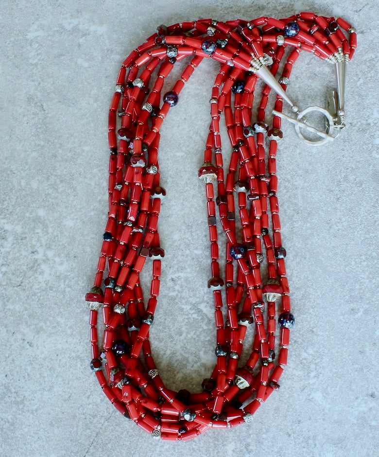 Bamboo Coral Cylinder Bead 8-Strand Necklace with Multi-Hued Czech Glass, and Sterling Silver Beads, Cones & Toggle Clasp