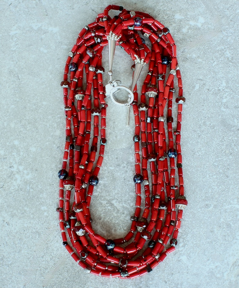 Bamboo Coral Cylinder Bead 8-Strand Necklace with Multi-Hued Czech Glass, and Sterling Silver Beads, Cones & Toggle Clasp