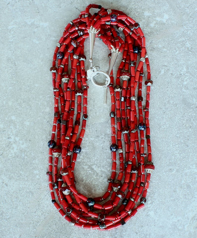 Bamboo Coral Cylinder Bead 8-Strand Necklace with Multi-Hued Czech Glass, and Sterling Silver Beads, Cones & Toggle Clasp