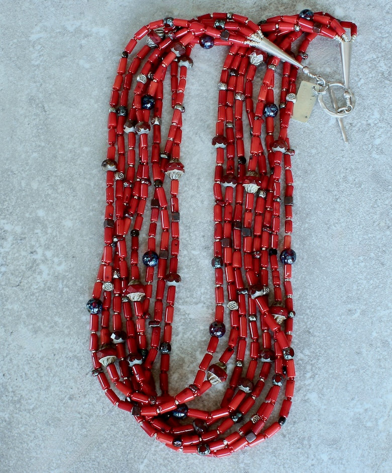 Bamboo Coral Cylinder Bead 8-Strand Necklace with Multi-Hued Czech Glass, and Sterling Silver Beads, Cones & Toggle Clasp