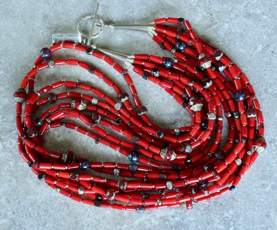 Bamboo Coral Cylinder Bead 8-Strand Necklace with Multi-Hued Czech Glass, and Sterling Silver Beads, Cones & Toggle Clasp