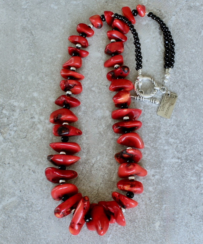 Bamboo Coral Graduated Nugget Necklace with Onyx and Oxidized Sterling Silver Rounds