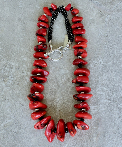 Bamboo Coral Graduated Nugget Necklace with Onyx and Oxidized Sterling Silver Rounds