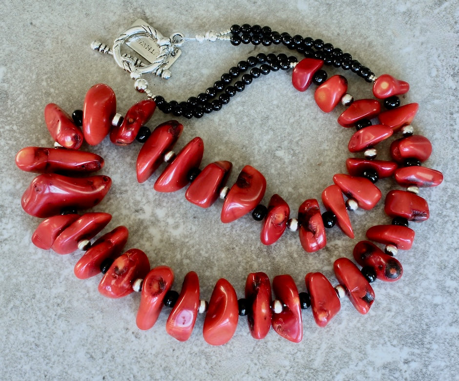 Bamboo Coral Graduated Nugget Necklace with Onyx and Oxidized Sterling Silver Rounds