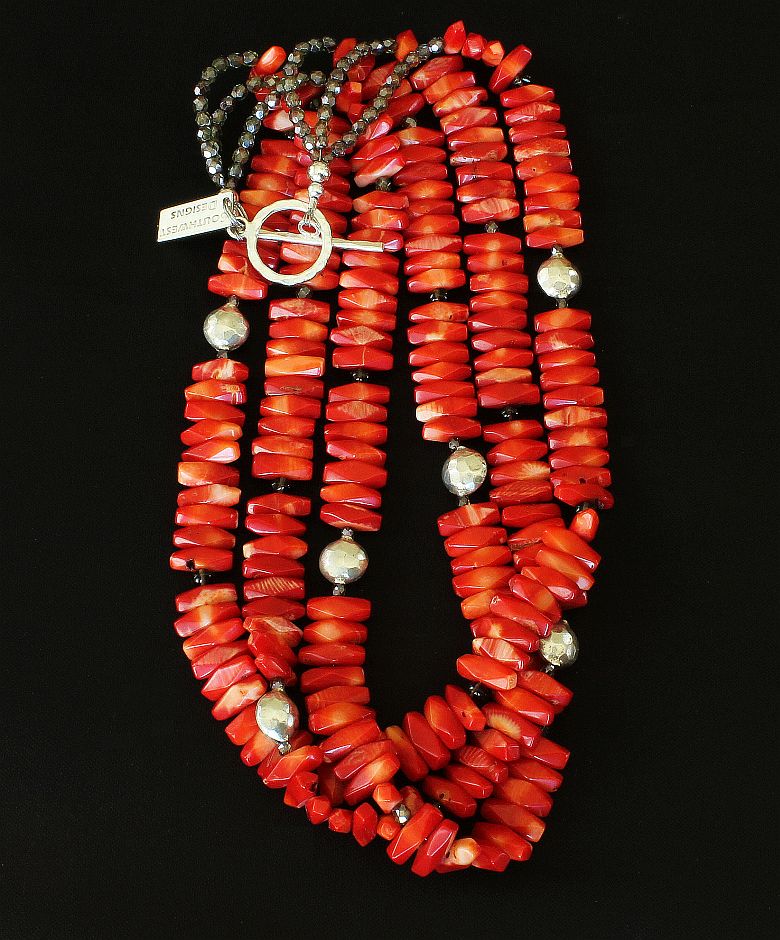Bamboo Coral 3-Strand Necklace with Smoky Quartz, Czech Fire Polished Glass, and Sterling Silver Beads and Toggle Clasp