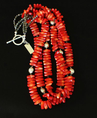 Bamboo Coral 3-Strand Necklace with Smoky Quartz, Czech Fire Polished Glass, and Sterling Silver Beads and Toggle Clasp