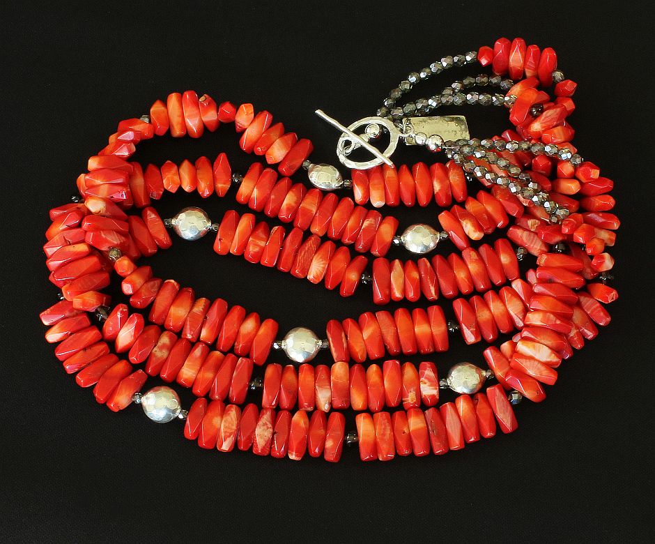 Bamboo Coral 3-Strand Necklace with Smoky Quartz, Czech Fire Polished Glass, and Sterling Silver Beads and Toggle Clasp