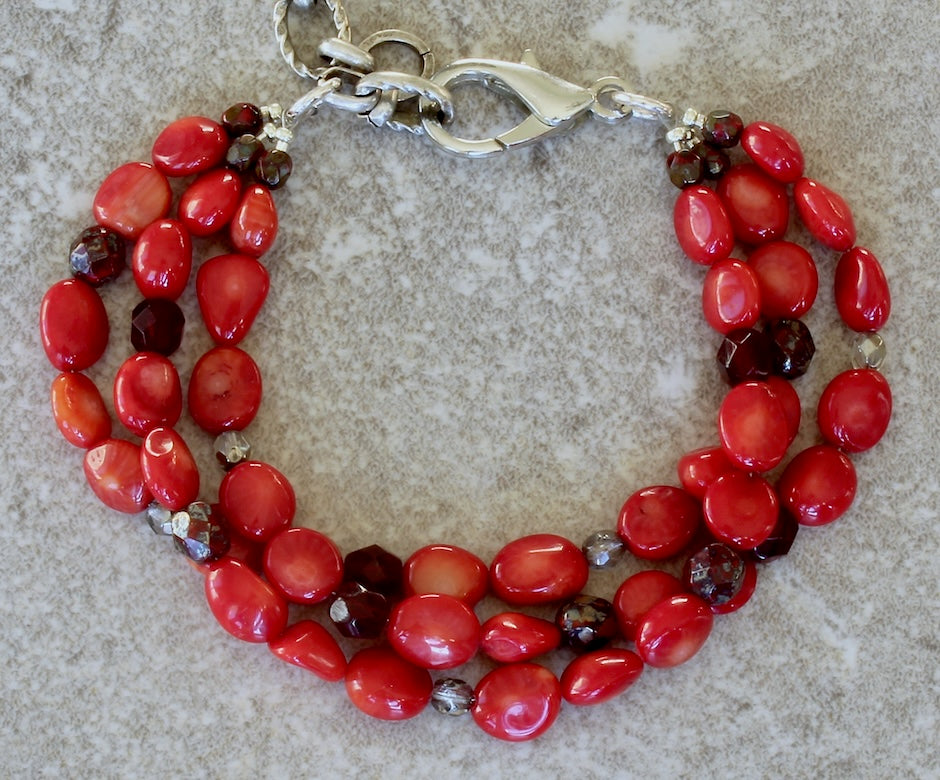 Bamboo Coral Ovals 3-Strand Bracelet with Czech Glass, Lobster Clasp and Extension Chain