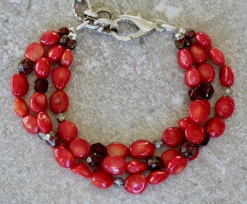 Bamboo Coral Ovals 3-Strand Bracelet with Czech Glass, Lobster Clasp and Extension Chain