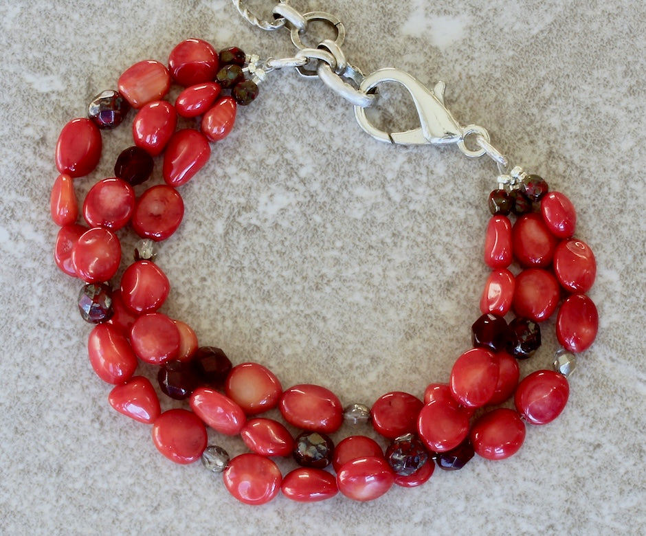 Bamboo Coral Ovals 3-Strand Bracelet with Czech Glass, Lobster Clasp and Extension Chain