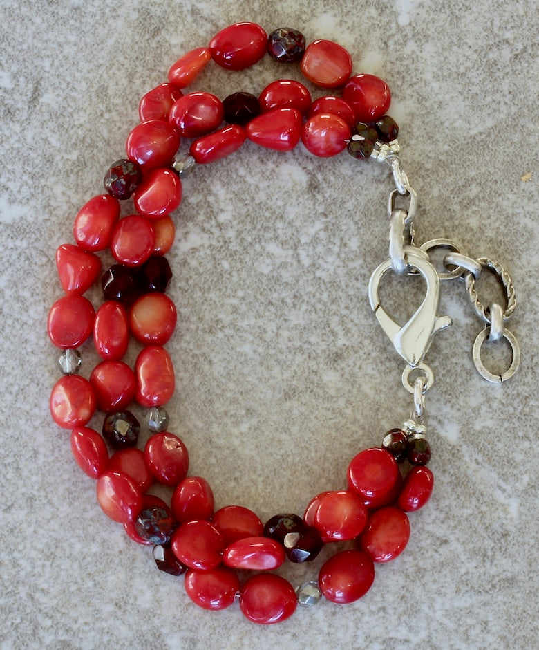Bamboo Coral Ovals 3-Strand Bracelet with Czech Glass, Lobster Clasp and Extension Chain