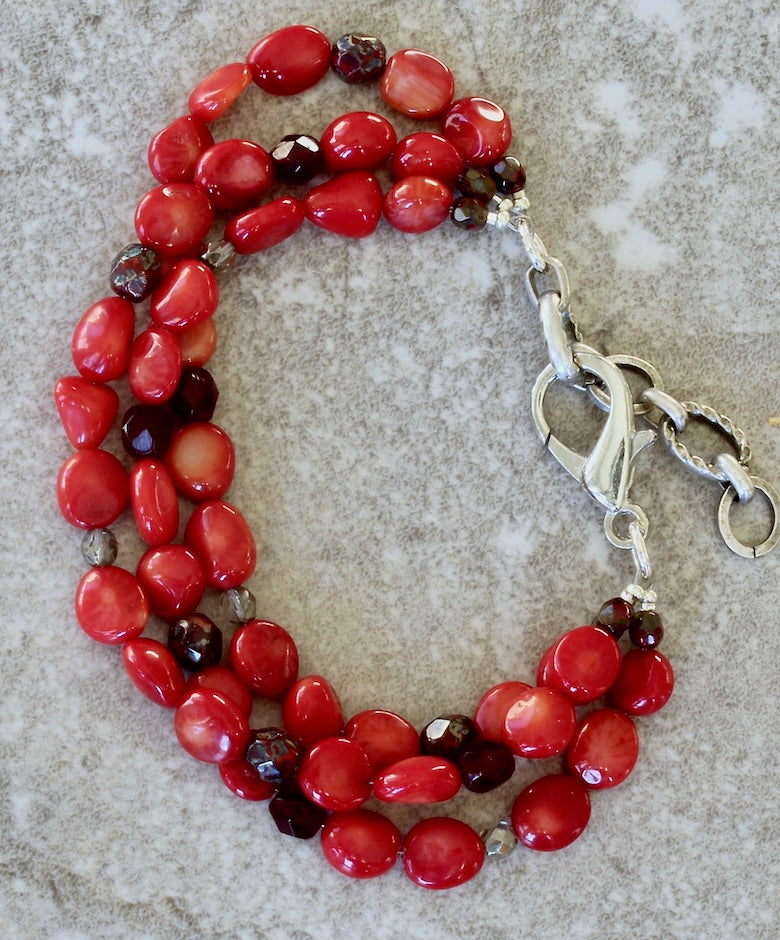 Bamboo Coral Ovals 3-Strand Bracelet with Czech Glass, Lobster Clasp and Extension Chain
