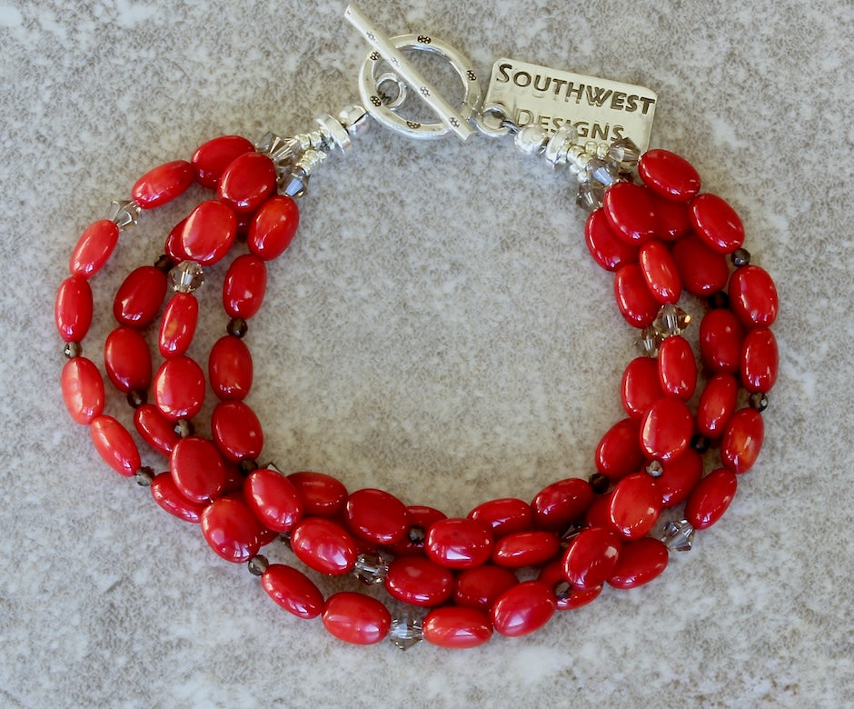 Bamboo Coral Ovals 4-Strand Bracelet with Smoky Quartz, Crystal Bicones, and a Sterling Silver Toggle Clasp