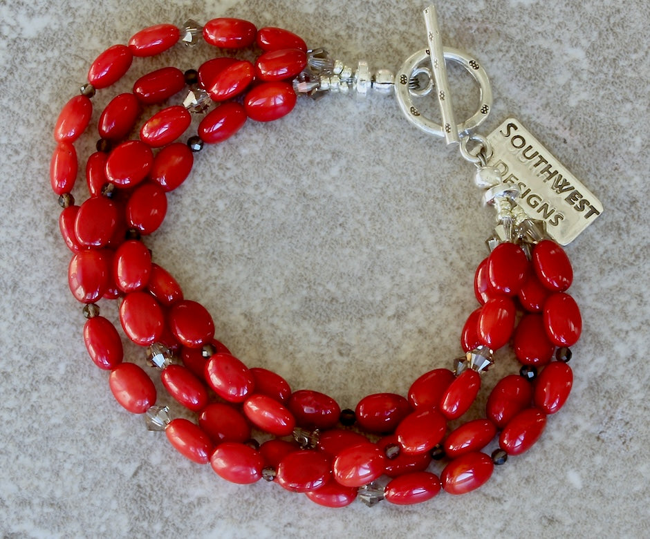 Bamboo Coral Ovals 4-Strand Bracelet with Smoky Quartz, Crystal Bicones, and a Sterling Silver Toggle Clasp