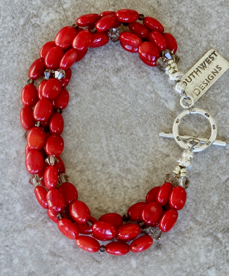 Bamboo Coral Ovals 4-Strand Bracelet with Smoky Quartz, Crystal Bicones, and a Sterling Silver Toggle Clasp