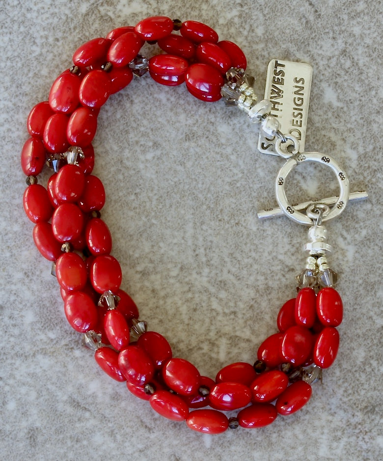 Bamboo Coral Ovals 4-Strand Bracelet with Smoky Quartz, Crystal Bicones, and a Sterling Silver Toggle Clasp