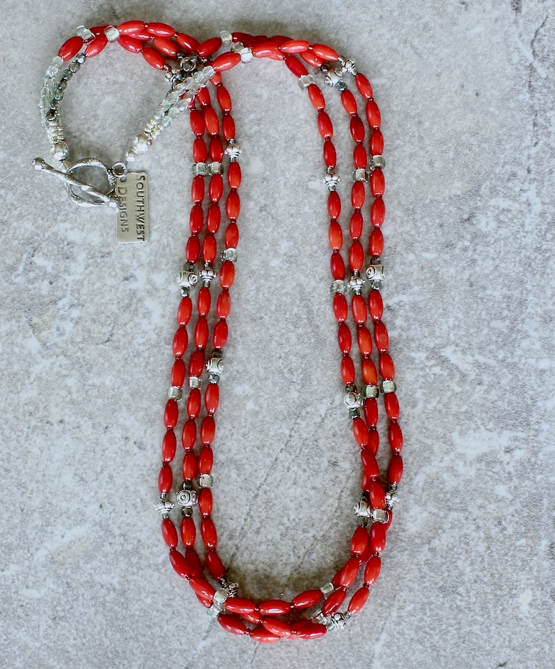 Bamboo Coral Ovals 3-Strand Necklace with Czech Glass and Sterling Silver