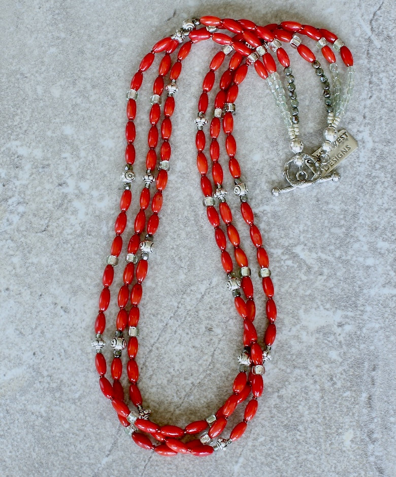 Bamboo Coral Ovals 3-Strand Necklace with Czech Glass and Sterling Silver