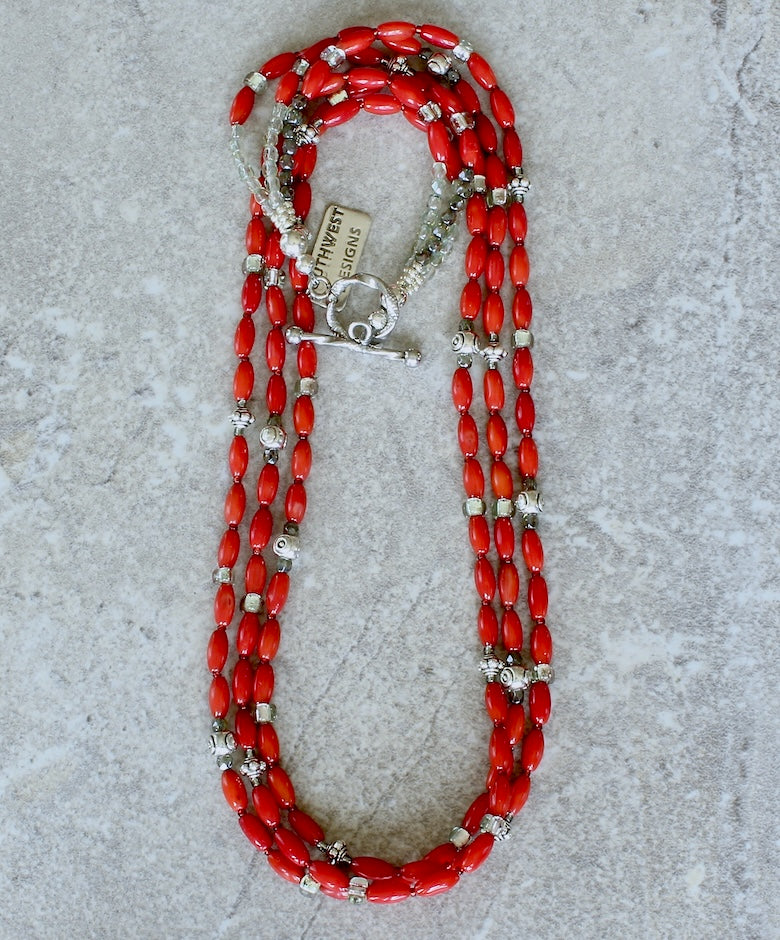 Bamboo Coral Ovals 3-Strand Necklace with Czech Glass and Sterling Silver