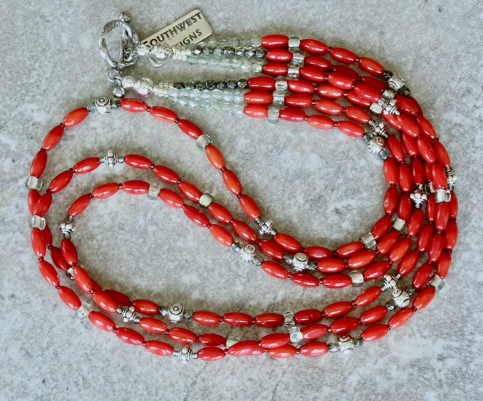 Bamboo Coral Ovals 3-Strand Necklace with Czech Glass and Sterling Silver