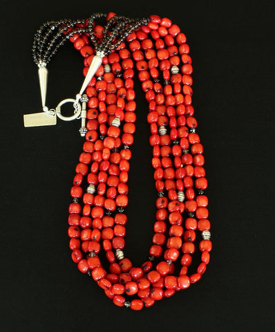 Bamboo Coral Pillows 5-Strand Necklace with Smoky Quartz and Sterling Silver Beads & Toggle Clasp