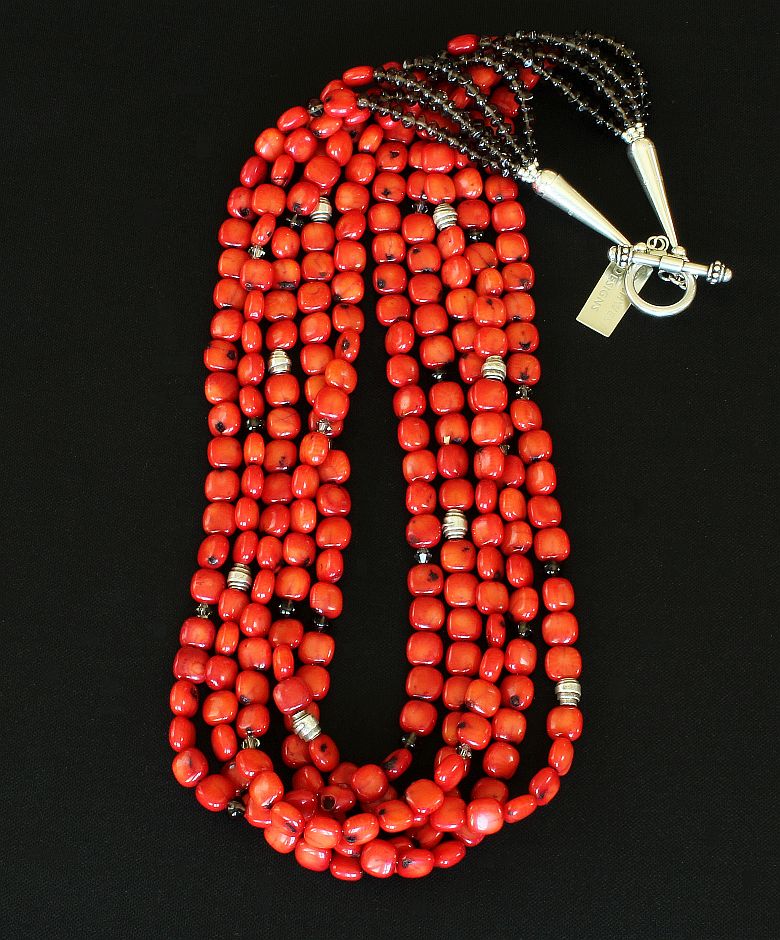 Bamboo Coral Pillows 5-Strand Necklace with Smoky Quartz and Sterling Silver Beads & Toggle Clasp
