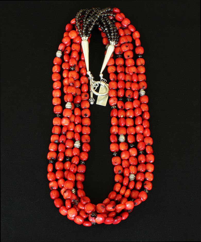 Bamboo Coral Pillows 5-Strand Necklace with Smoky Quartz and Sterling Silver Beads & Toggle Clasp