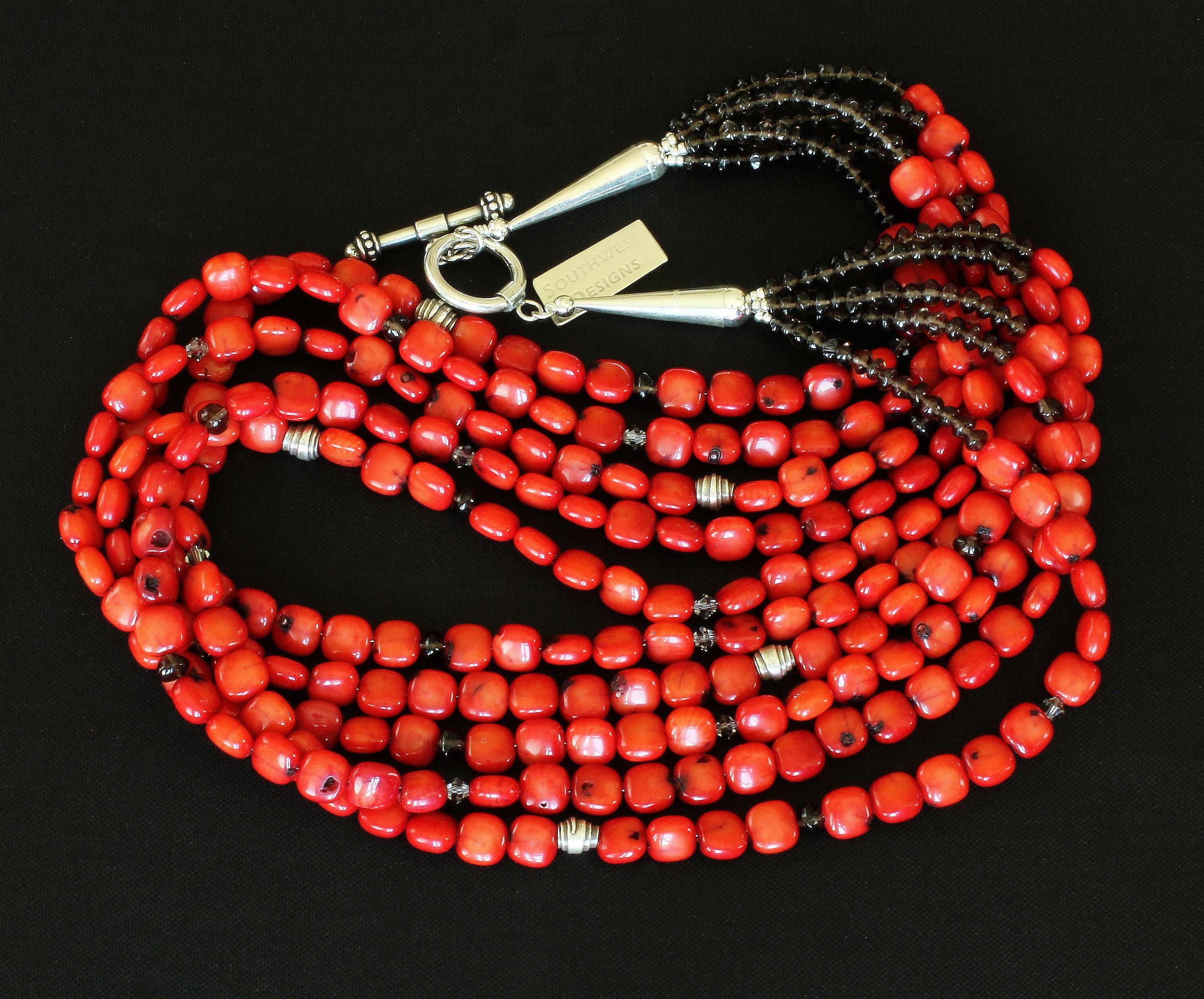 Bamboo Coral Pillows 5-Strand Necklace with Smoky Quartz and Sterling Silver Beads & Toggle Clasp