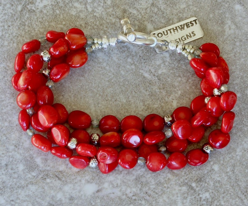 Bamboo Coral Pebble 4-Strand Bracelet with Fire Polished Glass and Sterling Silver