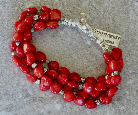 Bamboo Coral Pebble 4-Strand Bracelet with Fire Polished Glass and Sterling Silver