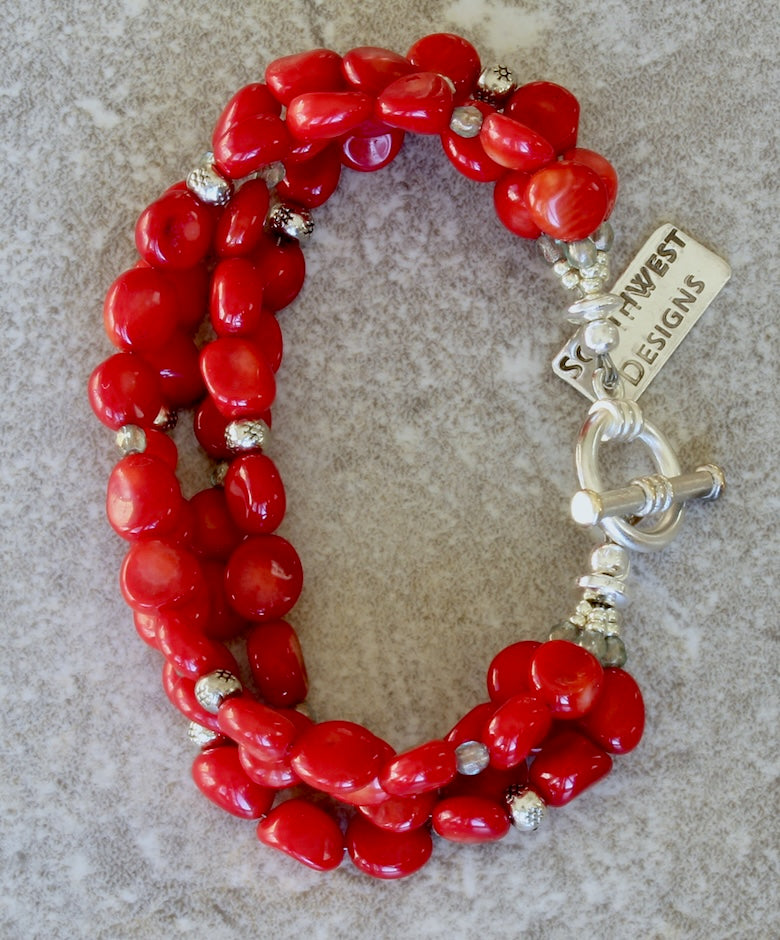 Bamboo Coral Pebble 4-Strand Bracelet with Fire Polished Glass and Sterling Silver