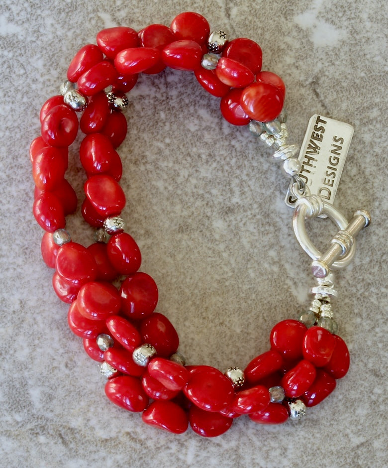 Bamboo Coral Pebble 4-Strand Bracelet with Fire Polished Glass and Sterling Silver