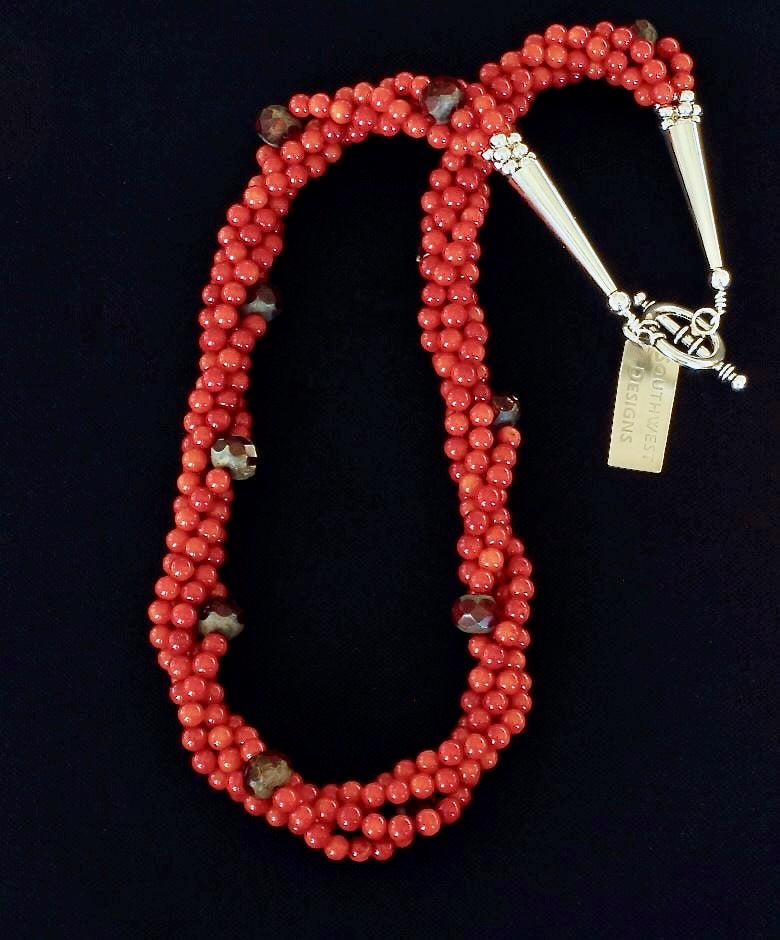 Bamboo Coral Twist 4-Strand Necklace with Czech Glass and Sterling