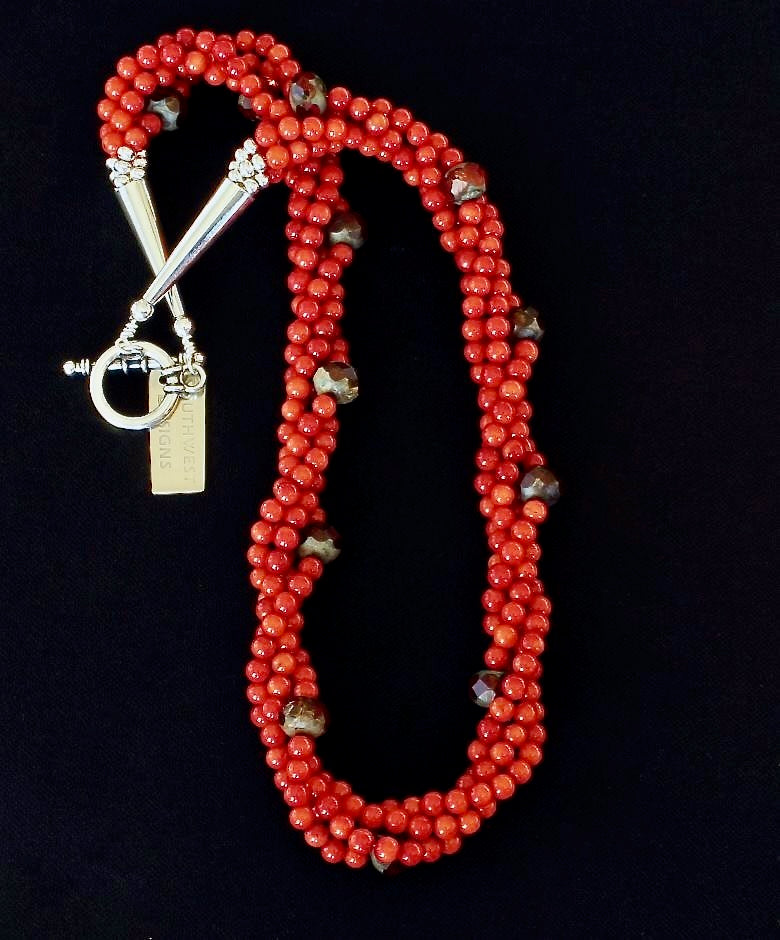 Bamboo Coral Twist 4-Strand Necklace with Czech Glass and Sterling