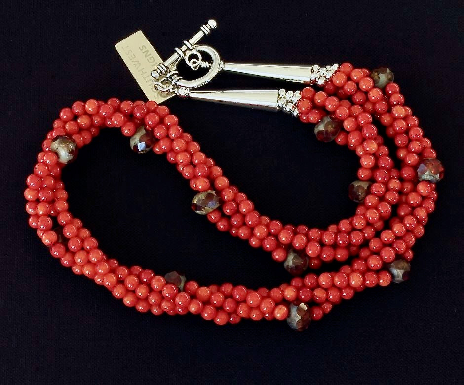 Bamboo Coral Twist 4-Strand Necklace with Czech Glass and Sterling