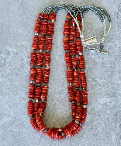Bamboo Coral Rough Cut Heishi with Czech Glass and a Platinum Plated Toggle Clasp