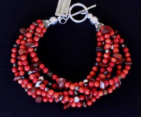 Bamboo Coral Rounds 6-Strand Bracelet with Jasper, Bronze Pearls, Czech Glass and Sterling