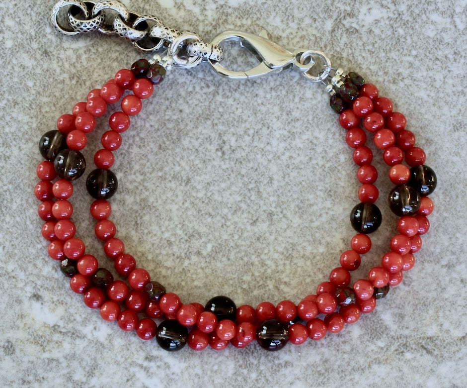 Bamboo Coral Rounds 3-Strand Bracelet with Smoky Quartz, Czech Glass and a Silver Lobster Clasp