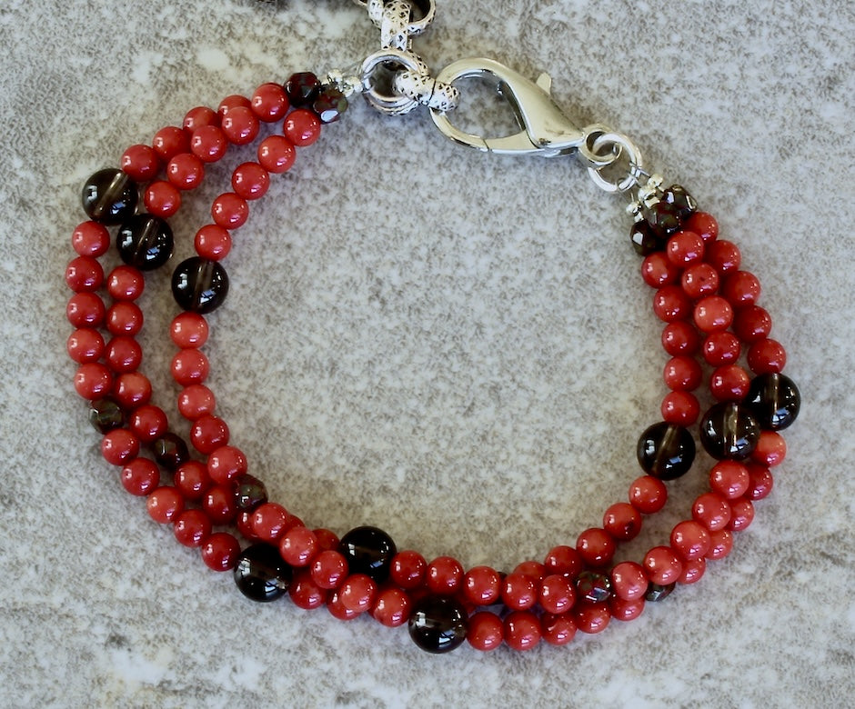 Bamboo Coral Rounds 3-Strand Bracelet with Smoky Quartz, Czech Glass and a Silver Lobster Clasp