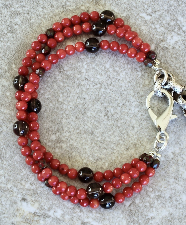 Bamboo Coral Rounds 3-Strand Bracelet with Smoky Quartz, Czech Glass and a Silver Lobster Clasp