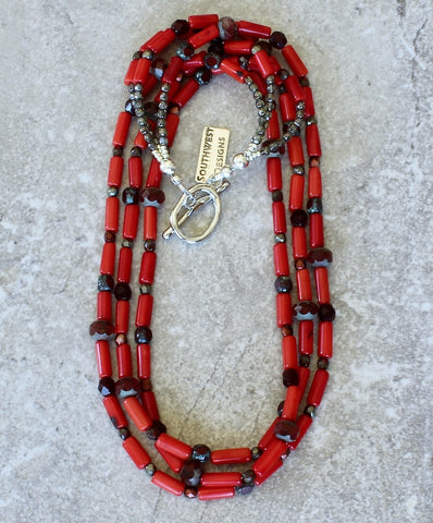 Bamboo Coral Tube Bead 3-Strand Necklace with Czech Glass and a Platinum Plated Toggle Clasp