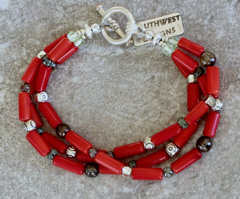 Bamboo Coral Cylinders 3-Strand Bracelet with Czech Glass and Sterling Silver