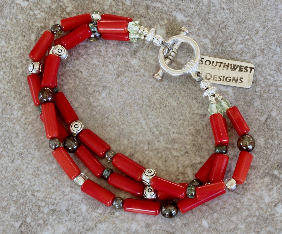 Bamboo Coral Cylinders 3-Strand Bracelet with Czech Glass and Sterling Silver