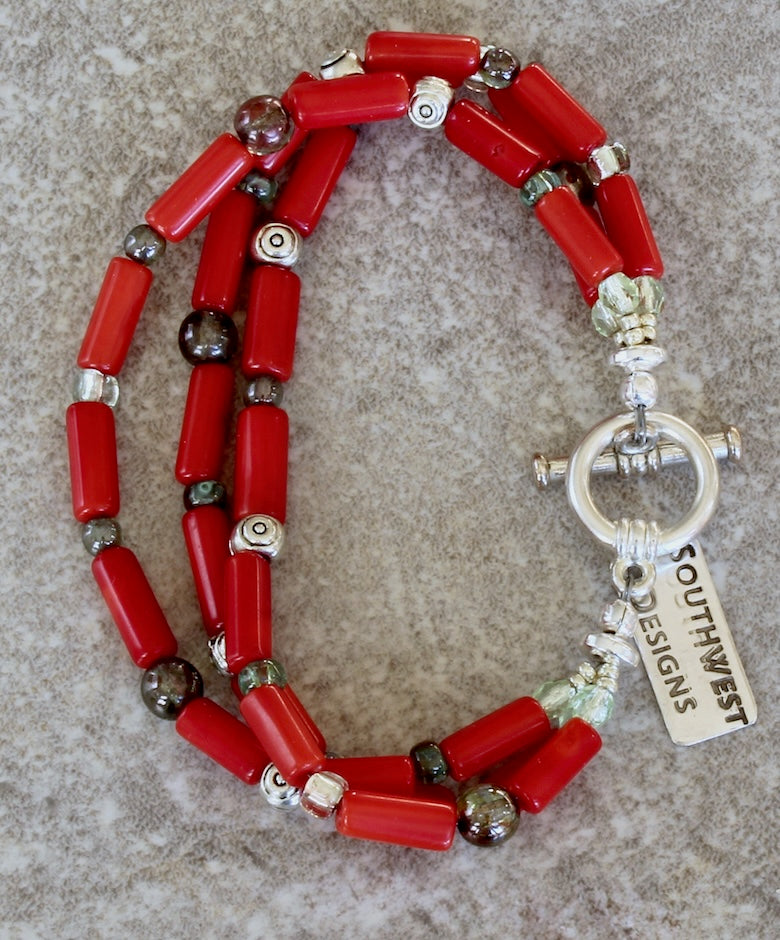 Bamboo Coral Cylinders 3-Strand Bracelet with Czech Glass and Sterling Silver
