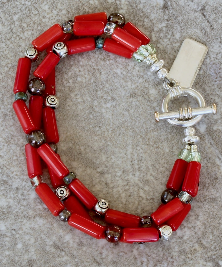 Bamboo Coral Cylinders 3-Strand Bracelet with Czech Glass and Sterling Silver
