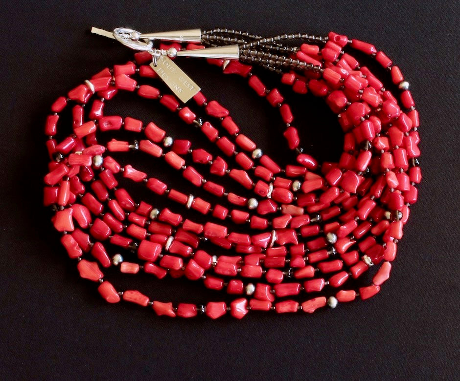 Bamboo Coral Cylinder Bead 6-Strand Necklace with Sterling Silver