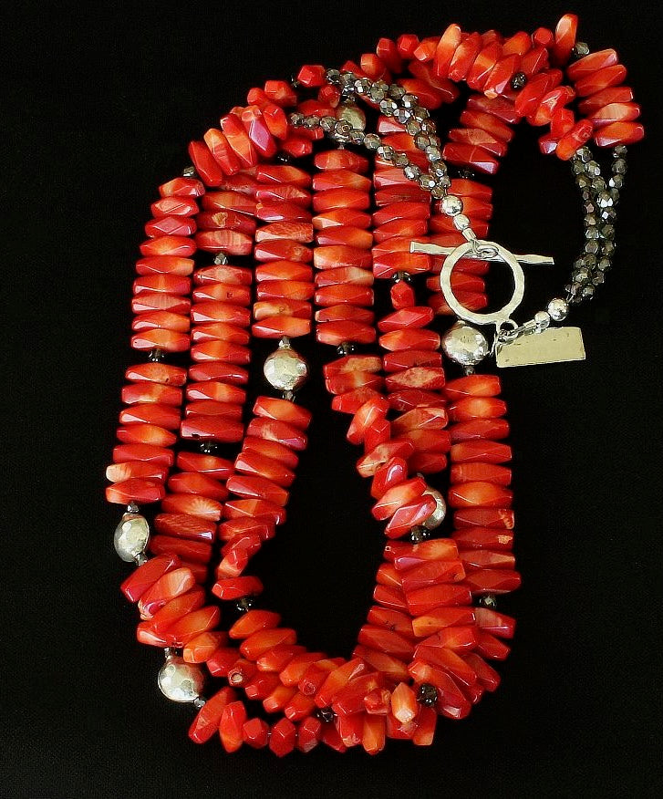 Bamboo Coral 3-Strand Necklace with Smoky Quartz, Czech Fire Polished Glass, and Sterling Silver Beads and Toggle Clasp