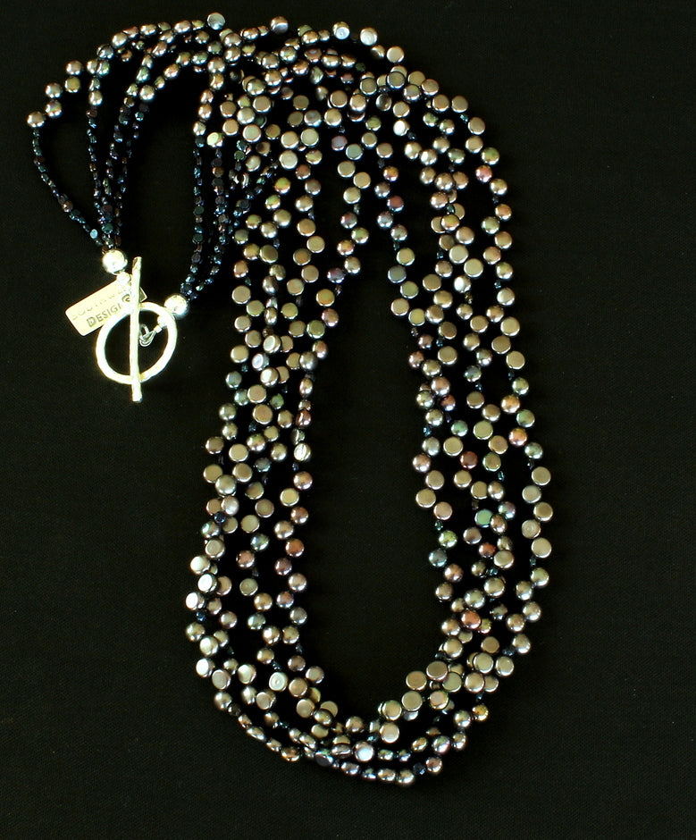Black Button Pearl 4-Strand Necklace with Czechoslovakian Nailheads and a Sterling Silver Toggle Clasp