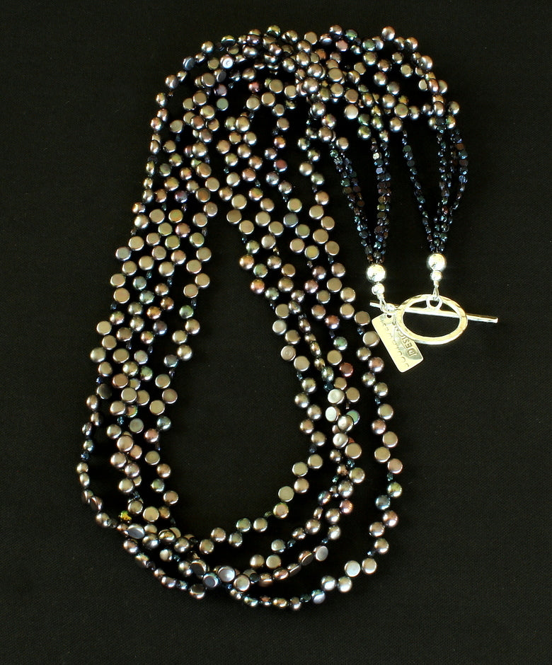 Black Button Pearl 4-Strand Necklace with Czechoslovakian Nailheads and a Sterling Silver Toggle Clasp